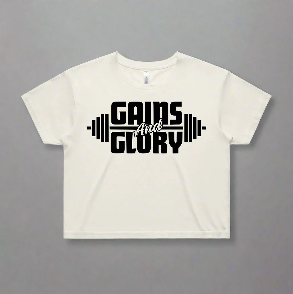 Cream t-shirt with 'Gains and Glory' text design on a white background