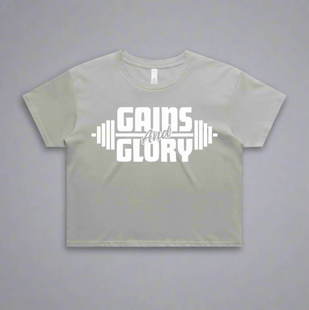 Light gray t-shirt with 'Gains and Glory' text on a gray background
