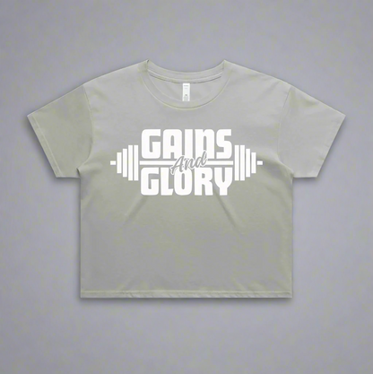 Light gray t-shirt with 'Gains and Glory' text on a gray background